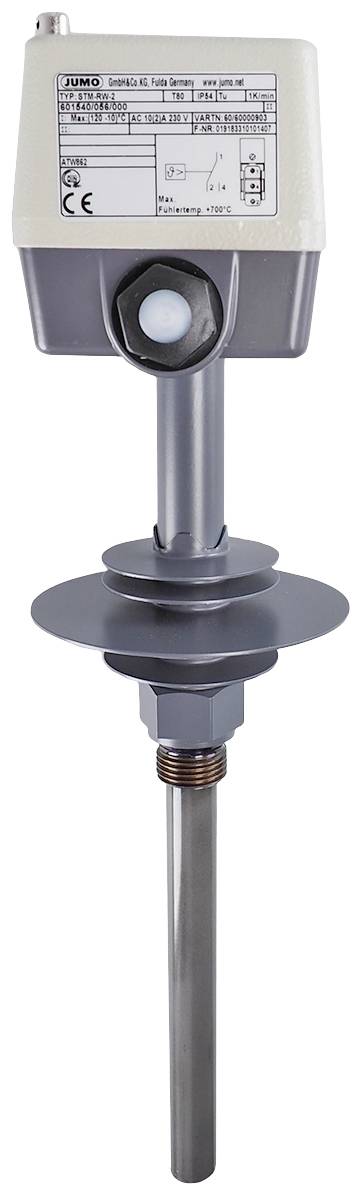 Industrial sensor with metal rod and label on top, showing technical specifications. Suitable for temperature monitoring in industrial applications.