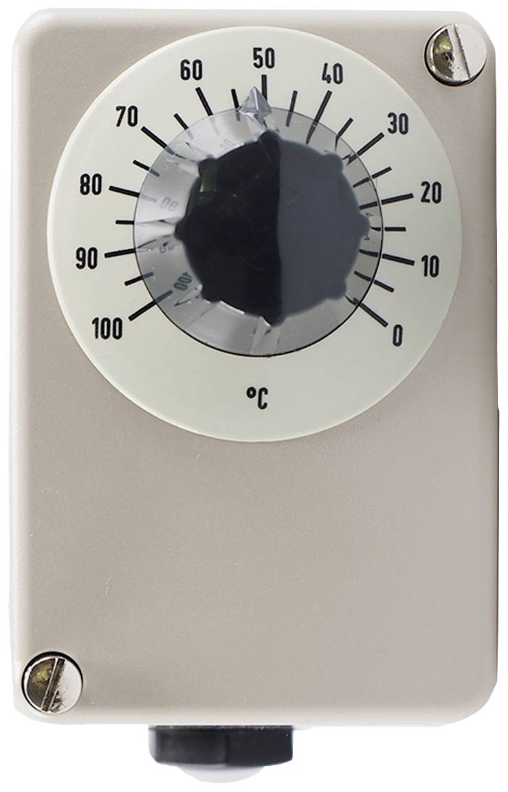 An analogue temperature controller with a rotary dial ranging from 0 to 100 degrees Celsius, housed in a rectangular casing.