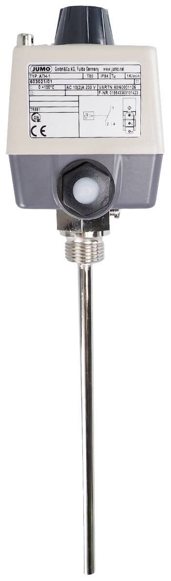 A temperature sensor with a long metal probe and an attached electrical housing. A nameplate with technical specifications is located on the housing.