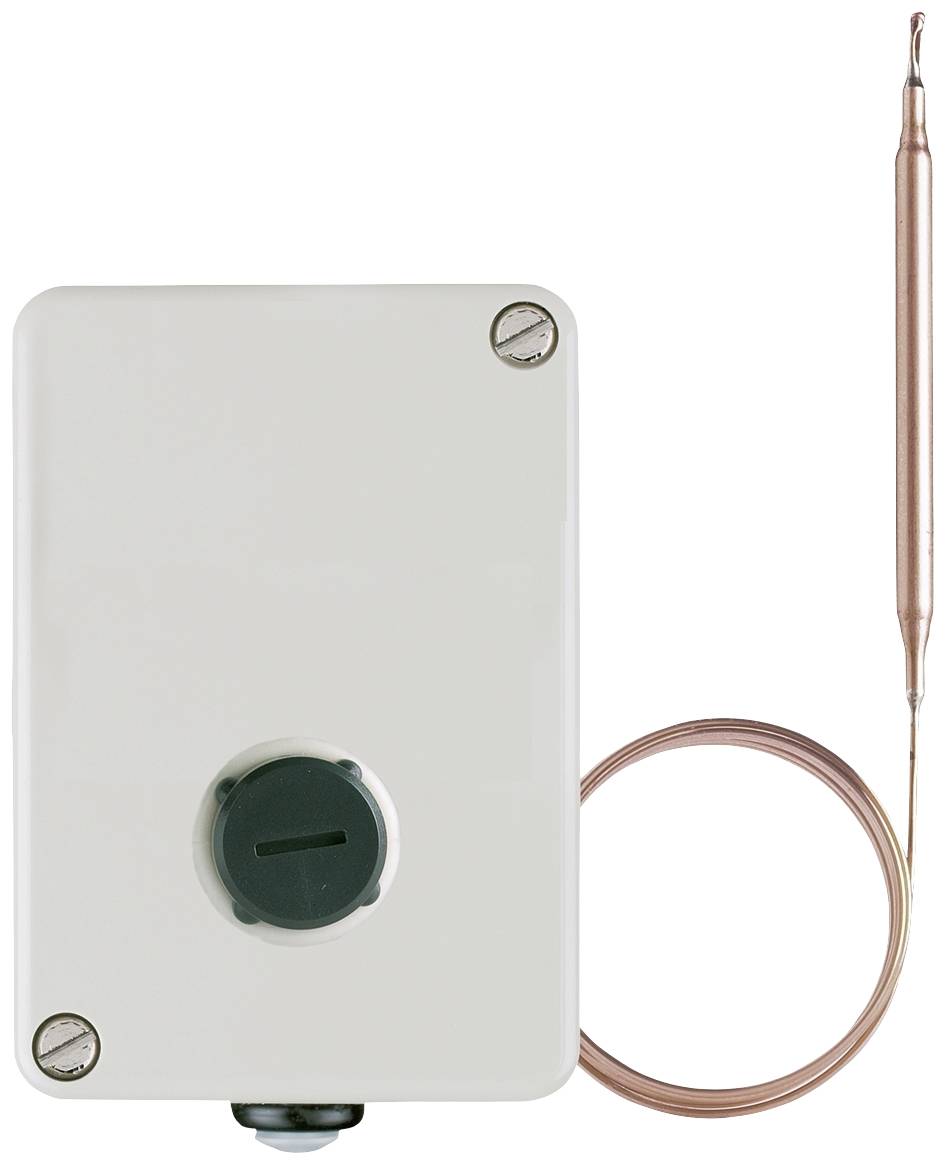 A thermostat with cable element and adjustment dial, mounted in a rectangular housing, suitable for heating systems.