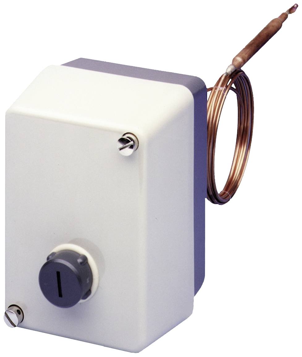 A white-cased thermostat with a grey control knob. A copper spiral cable is attached and extends out to the right.