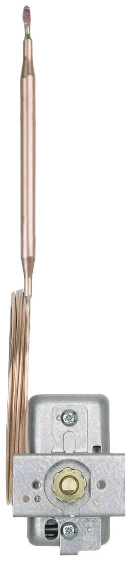 Copper tube thermostat with a long sensor probe and a housing with an adjustment screw. Used for temperature control.