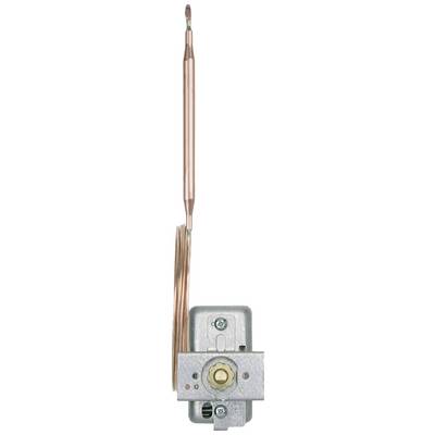 Copper tube thermostat with a long sensor probe and a housing with an adjustment screw. Used for temperature control.
