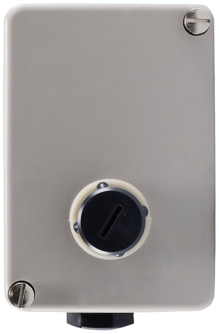Grey housing with a black slot in the centre and screws at the corners, likely an electrical device or switch.
