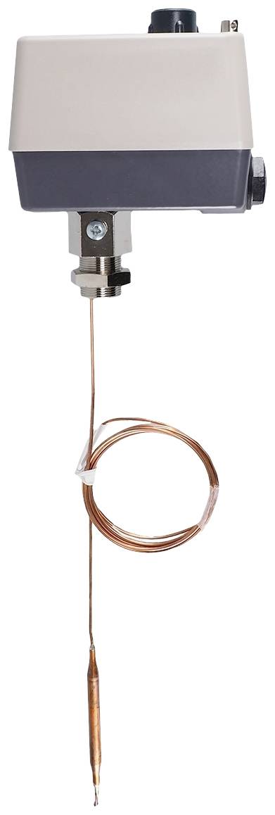 Thermostat with long copper coil, used for temperature measurement and regulation, suitable for industrial applications.