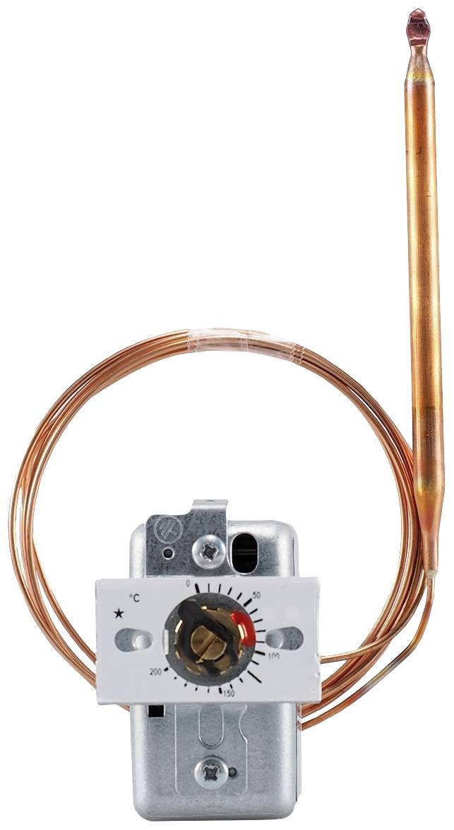 A thermostat with a copper coil for temperature control. Scale indicates temperature range.