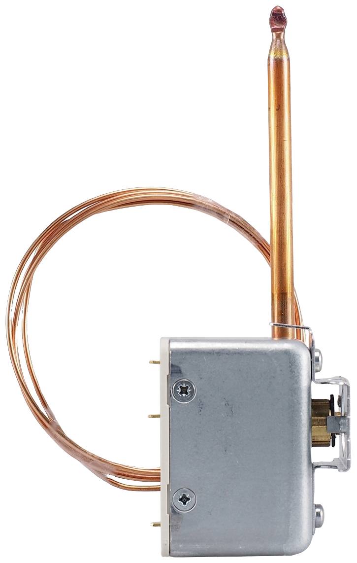 A thermostat with copper pipe and sensor, used for temperature control in heating systems. The device is silver with visible screws.
