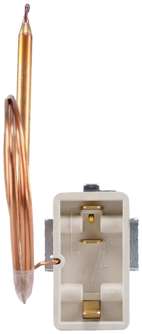 Thermostat component made of copper and plastic, with copper wire and two electrical contacts, used for temperature regulation.