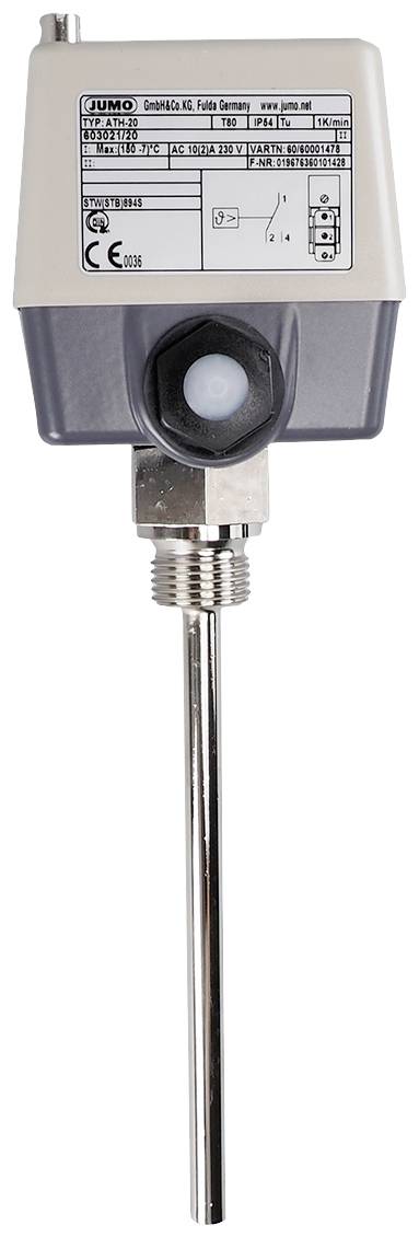 Industrial sensor with metal rod and label displaying technical specifications. Used for temperature monitoring.