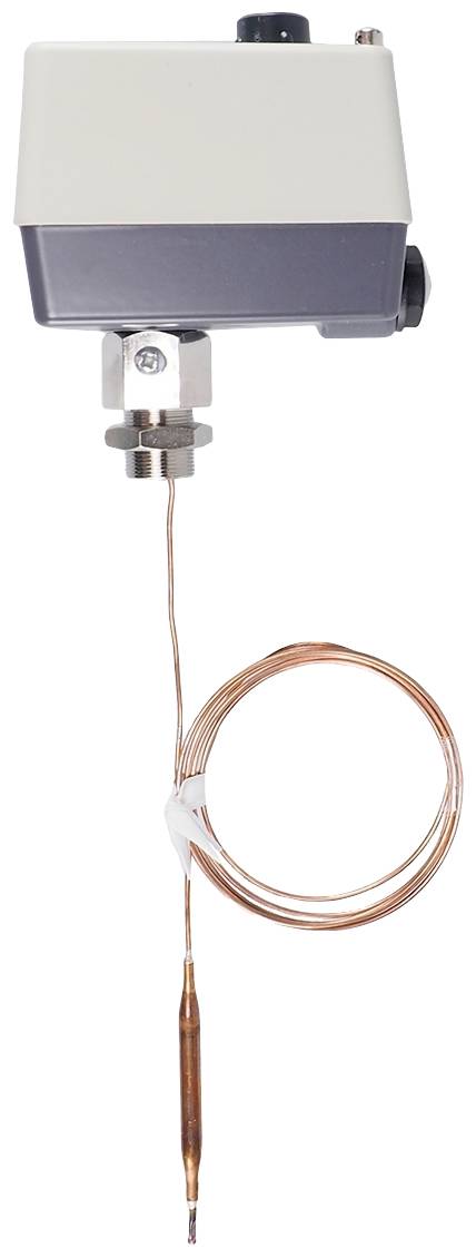 A thermocouple with a long, spiral-shaped wire and sensor head. It is used for measuring and monitoring temperatures in various environments.