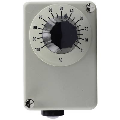 An analogue temperature controller with a rotary dial and a scale from 0 to 100 degrees Celsius.
