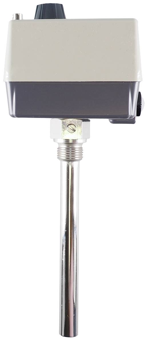 A temperature switch with a metal probe and plastic housing, suitable for controlling heating or cooling systems.
