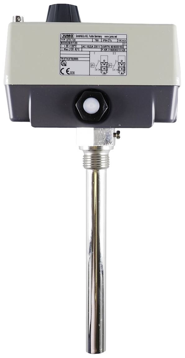 A temperature controller with a housing, adjustment knob on top and a metal probe underneath. A diagram and specifications are printed on it.