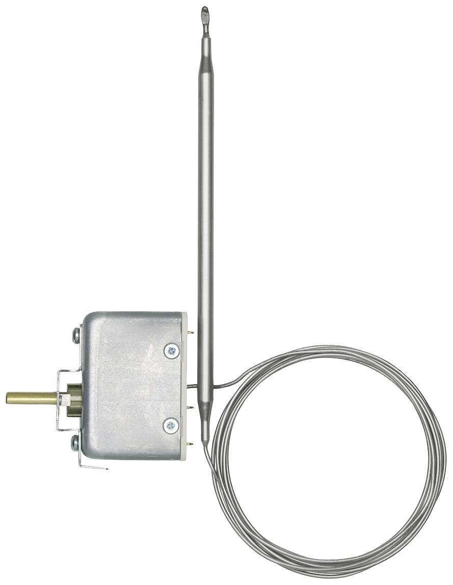 A thermostat with a metal casing and long probe. Used for temperature control in heating or cooling appliances.