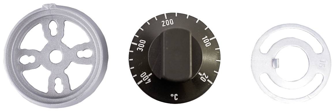 Three different dials are depicted, including a silver one, a black one with temperature markings, and another silver one with recesses.