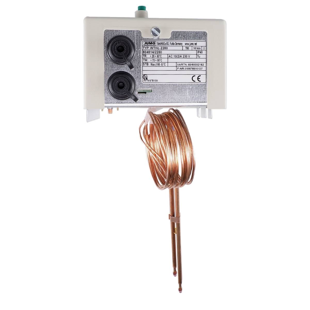 Thermostat with copper pipe, showing brand and CE marking.