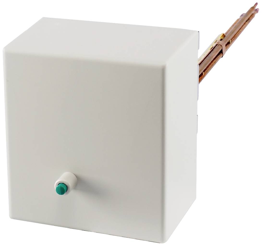 A white plastic casing with a green button on the front and several copper wires protruding from the back.