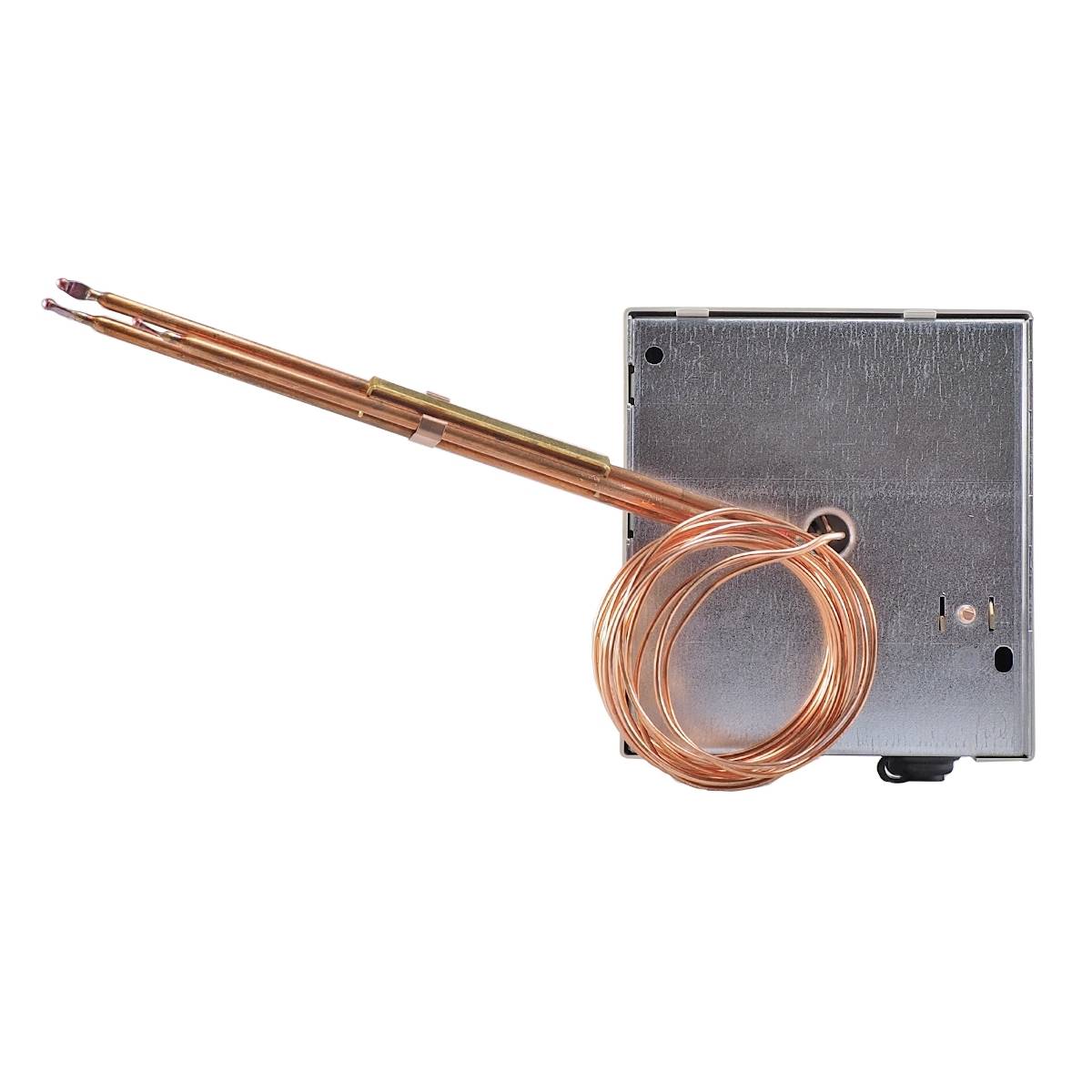 A square metal device with a long, coiled copper tube. It appears to be a thermostat or similar technical component.