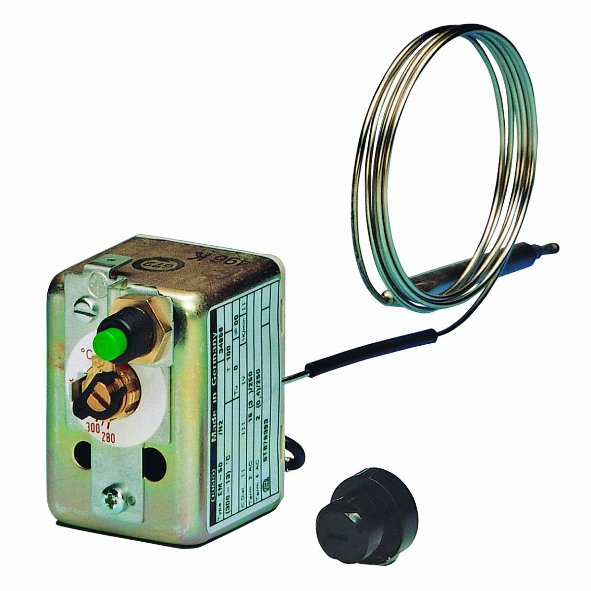 A temperature sensor with a metal casing, green on/off switch, and connected sensor. Used for temperature control in heating systems.