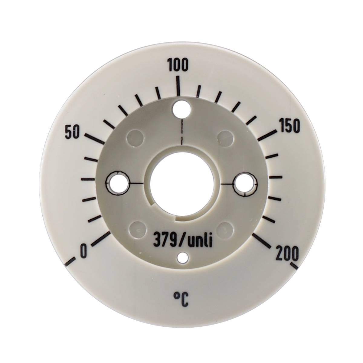 Round temperature gauge with scale from 0 to 200 degrees Celsius in 50-degree increments, labelled with '379/unli'.