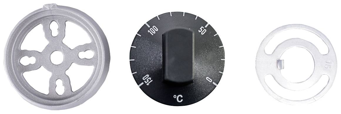 'Three round metal components: perforated discs on the left and right, with a temperature control in the centre featuring a scale ranging from 50°C to 150°C.'