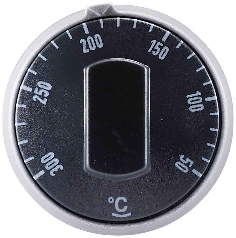 Black temperature selection dial of a device, showing degrees Celsius from 0 to 300. Current pointer at 0°C.