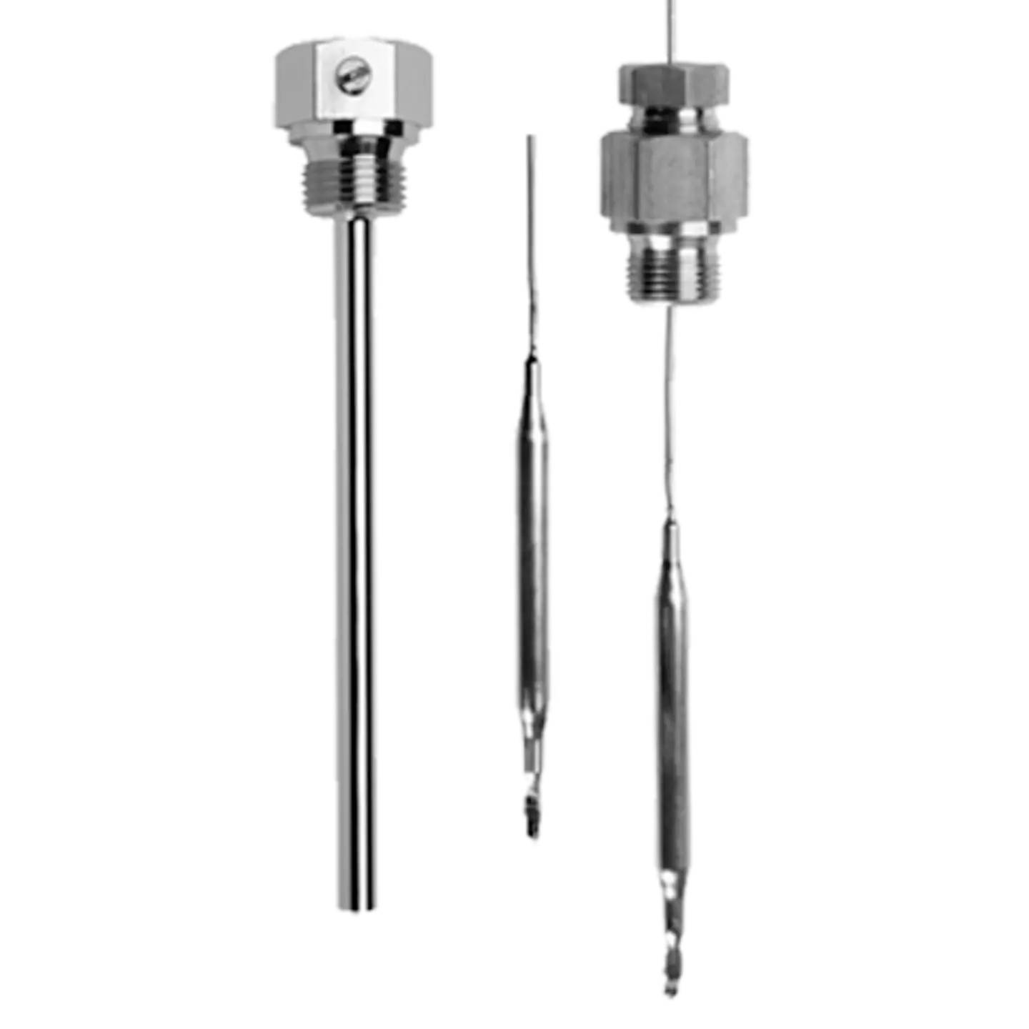 Two metal thermocouples, one short and one long, with threaded connections. They are used for temperature measurement in industrial applications.