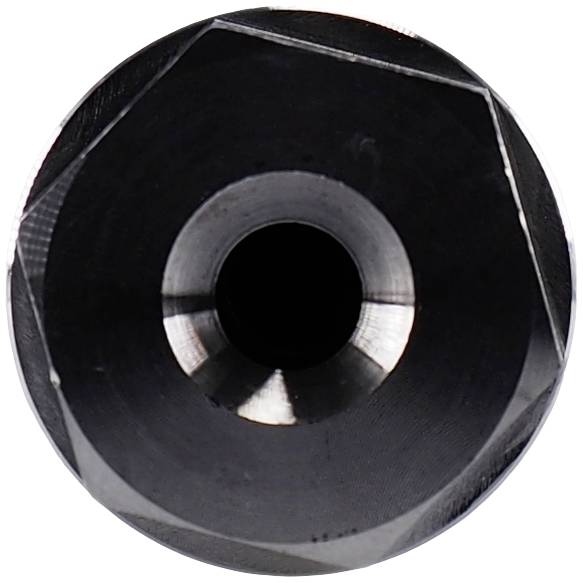 Close-up of a black, conical drill bit with sharp edges, symmetrically centred in the middle.