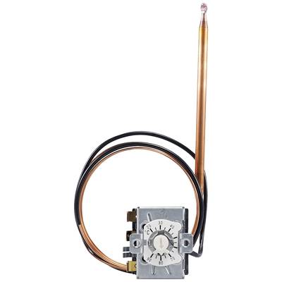 Thermostat with temperature display in Celsius, connected with a copper wire. Main scale from 0 to 90 degrees, arrow pointing to 30.