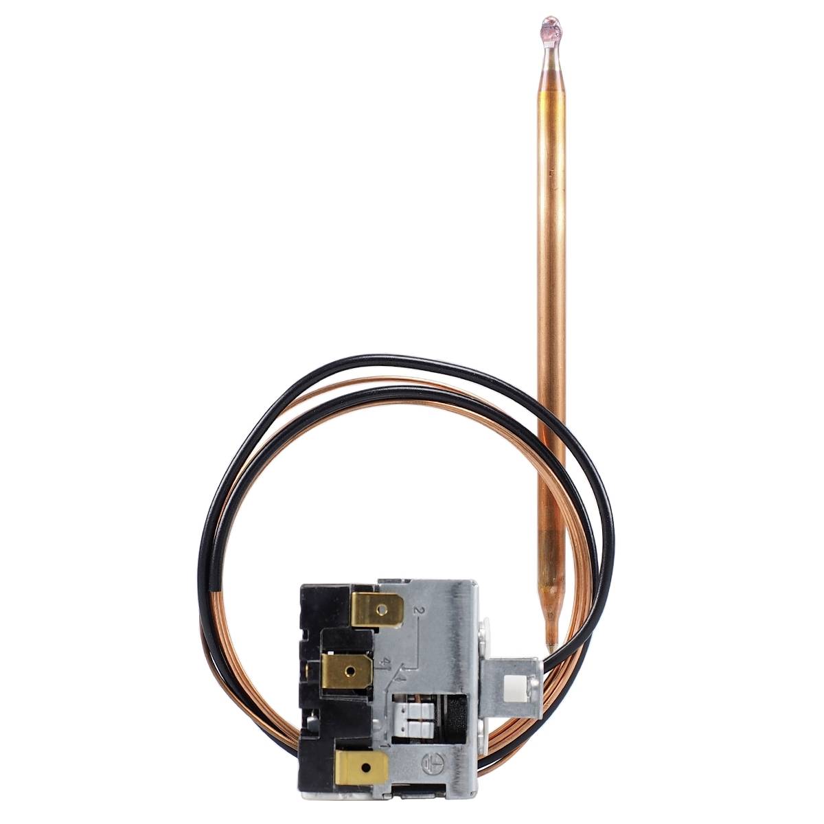 A metallic temperature sensor with a copper tube and black cable wrapping, used for temperature measurement and control.