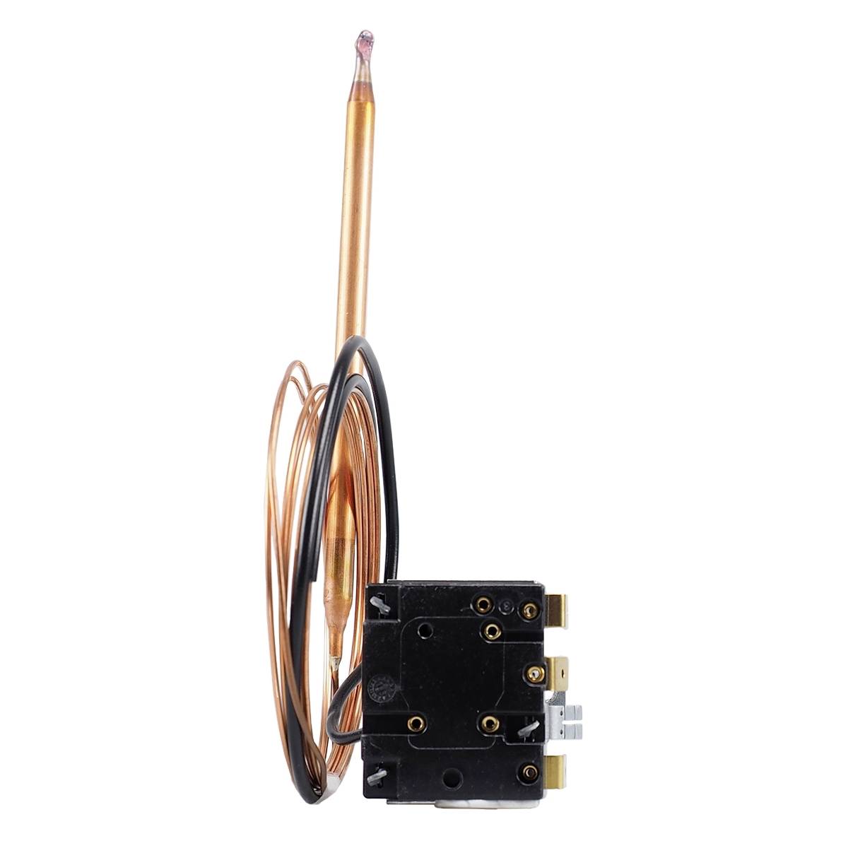 Thermostat head with copper sensor and black casing, connected by a copper pipe. Primarily used for temperature control.