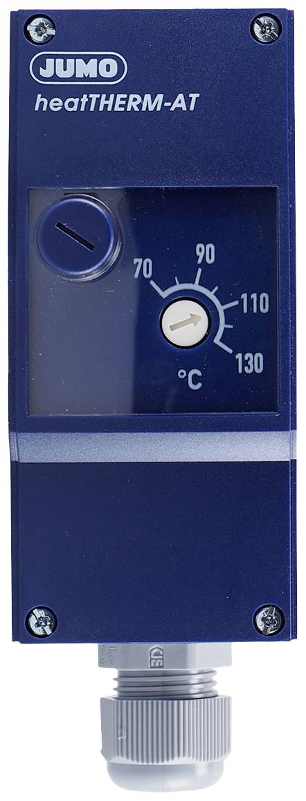 Thermostat device with a blue front panel, scale ranging from 70 to 130 degrees Celsius, with a rotary knob for temperature adjustment.