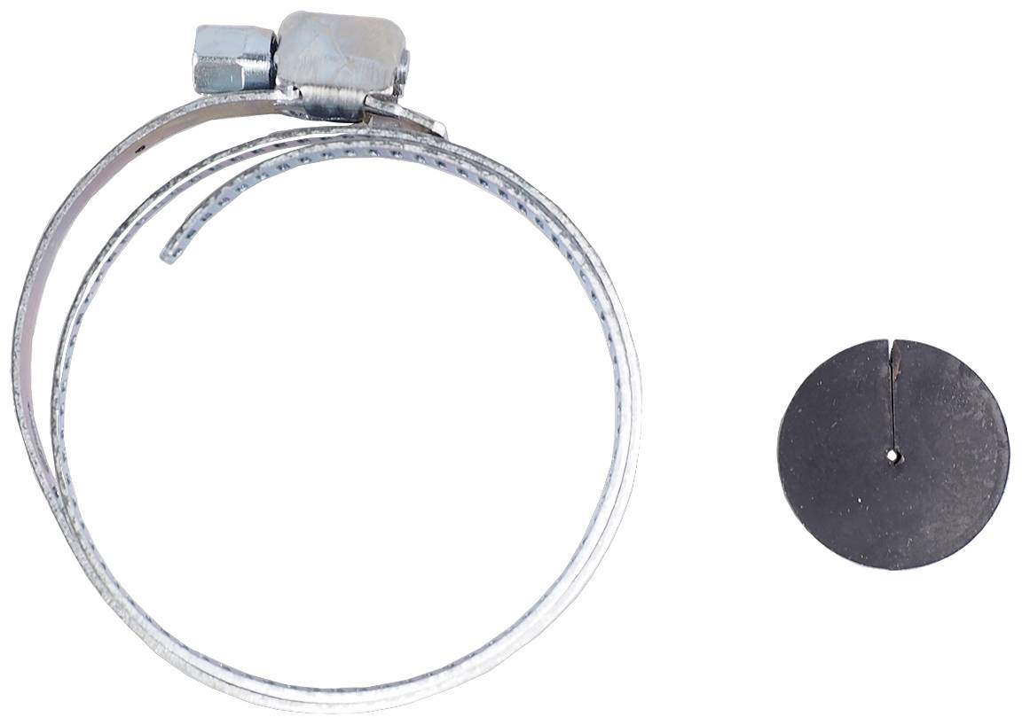 Metal hose clamp on the left and round black seal on the right against a white background. Essential for connections in mechanical engineering.