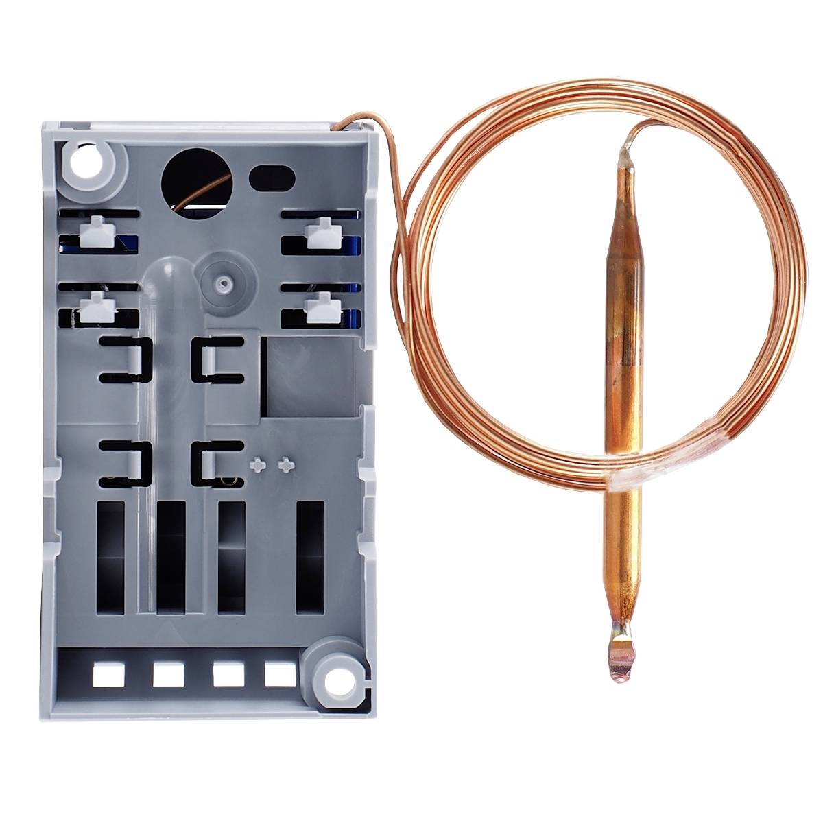 A grey electrical component with copper wire, most likely a thermostat or sensor, used for regulating temperature or pressure.