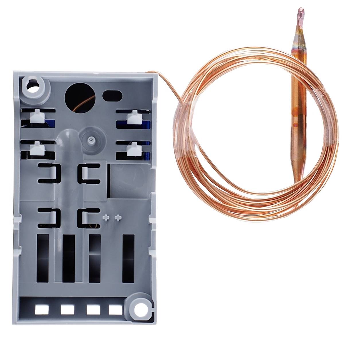 'Thermostat sensor with cable, mounted on rectangular bracket.'