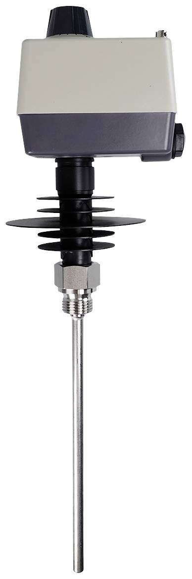 A temperature sensor with a long probe and rectangular housing, suitable for industrial temperature monitoring applications.