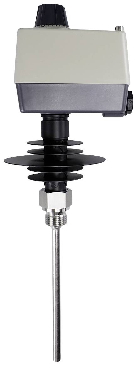 An industrial temperature sensor with a long steel probe and black insulator, suitable for measuring temperatures in machinery.