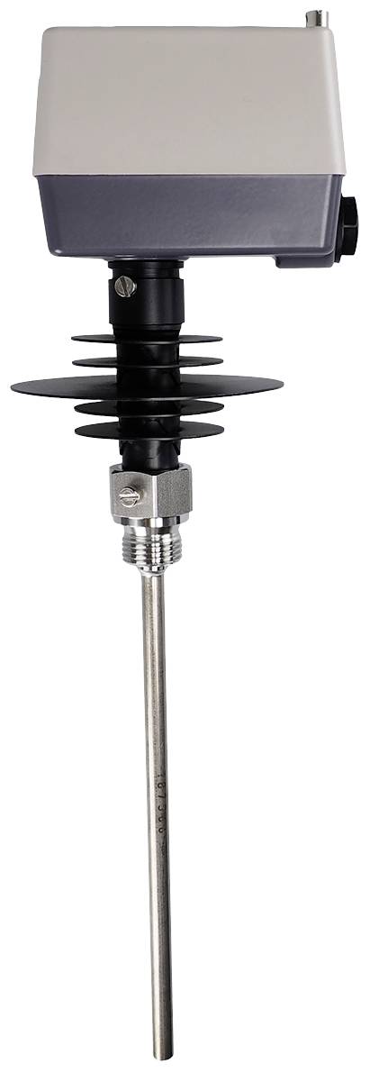 Metal probe with an insulated handle and black protective shield, used for temperature or moisture measurements in technical applications.