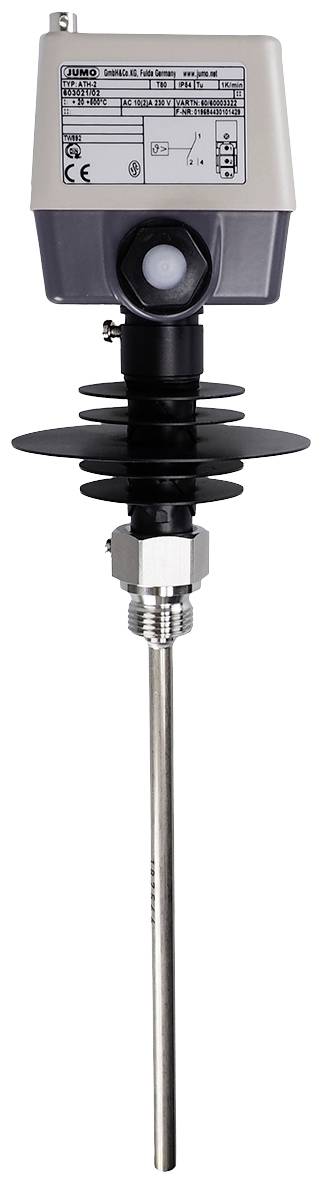 Temperature sensor with long probe rod and black mounting device, suitable for industrial applications.