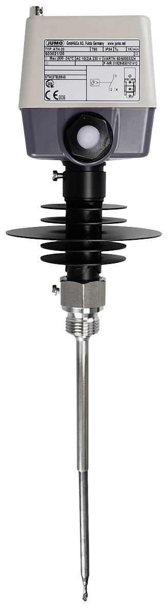 A temperature sensor with sensor and protective housing. It has CE and Eurovent markings and is designed for measuring liquids or gases.