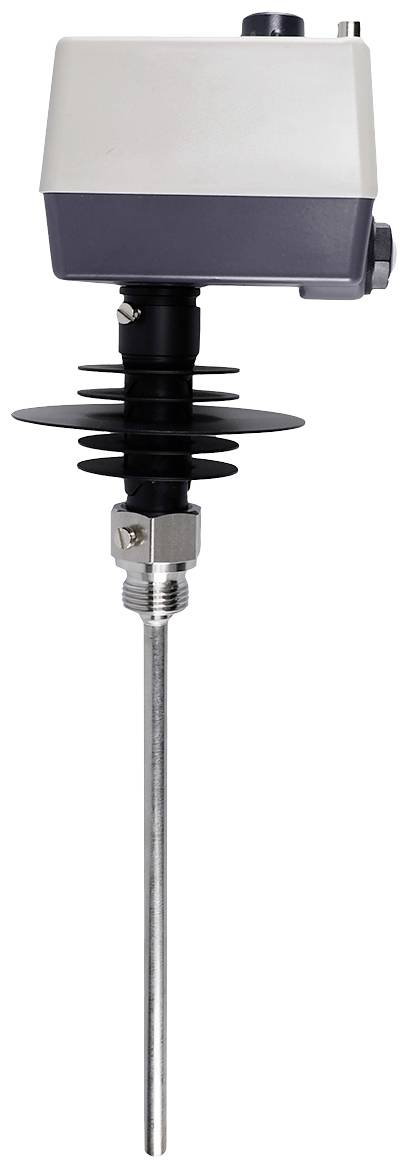 A metallic temperature sensor with a long probe, black insulator, and rectangular housing. Used for temperature monitoring.
