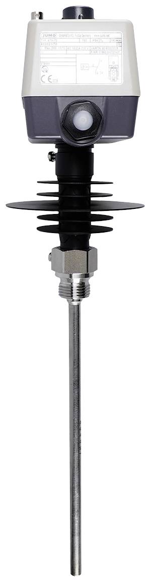 Industrial temperature sensor with long probe, black housing, metallic connection at the lower end.