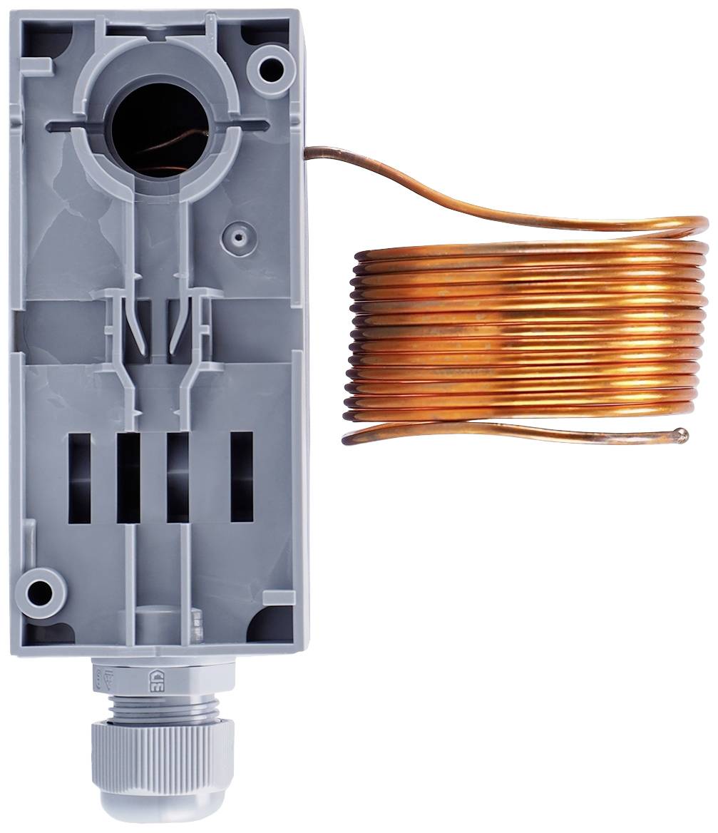 A grey casing with copper wire. Possibly a technical component that enables a connection or electrical current flow.