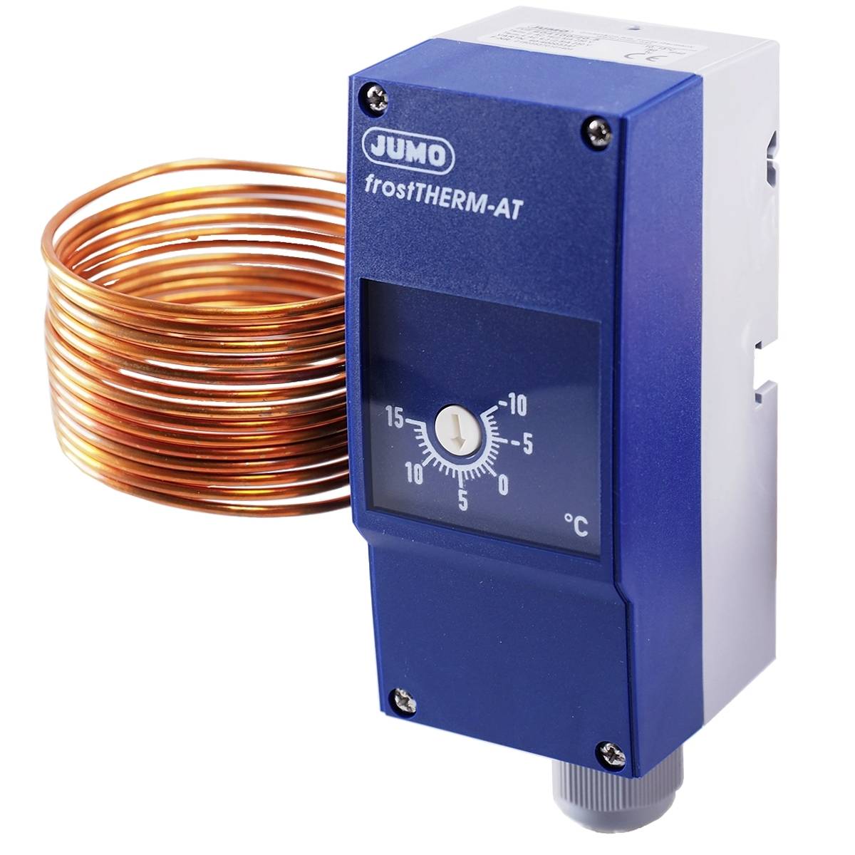 Thermostat device 'JUMO frostTHERM-AT' next to a copper coil, display in degrees Celsius.