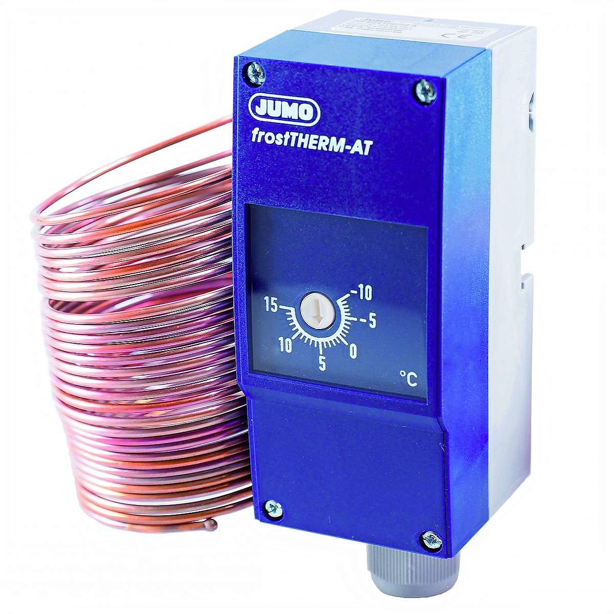 A blue Jumo thermostat model 'frostTHERM-AT'. Displays a rotary control from 0 to 15 °C and a copper spiral.