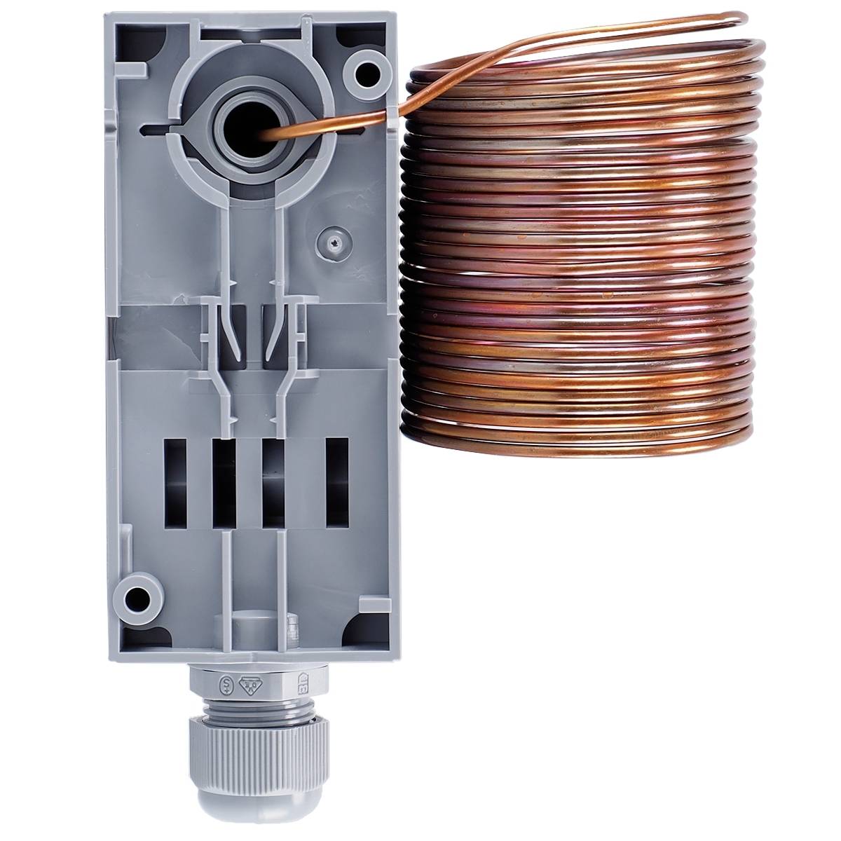 A grey box with a copper pipe wound around a coil. Possibly a technical device or component.