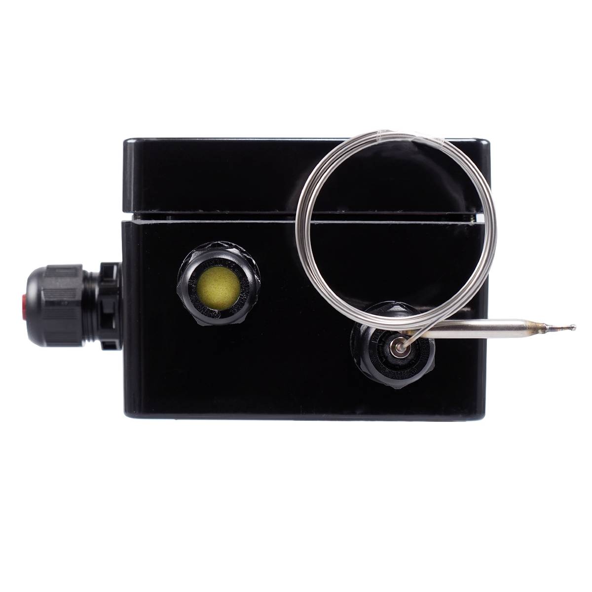 A black technical device with two round buttons and a wire-like ring, presumably for measurement or control purposes.