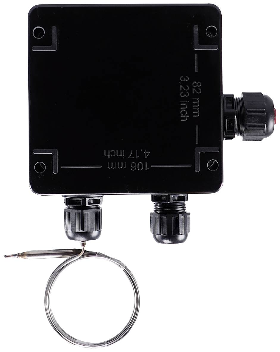 Black, square housing with three cable connections and a wire with a sensor. Dimensions: 82 mm x 106 mm.