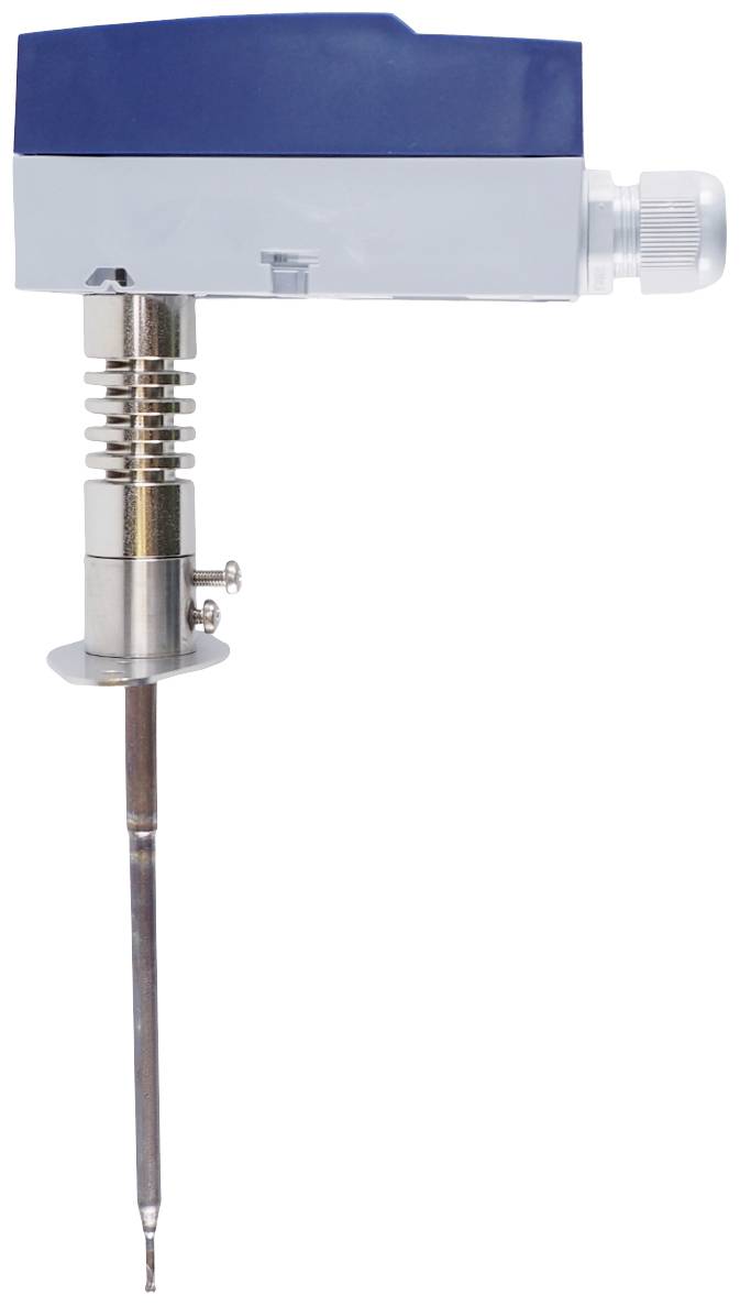 Industrial temperature sensor with metal probe and blue housing, for measuring temperatures in machinery or installations.