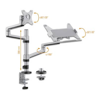 Adjustable dual-arm monitor mount, enabling tilt from +90° to -90°, inclination from +90° to -30°, and 180° rotation. Perfect for flexible workspaces.